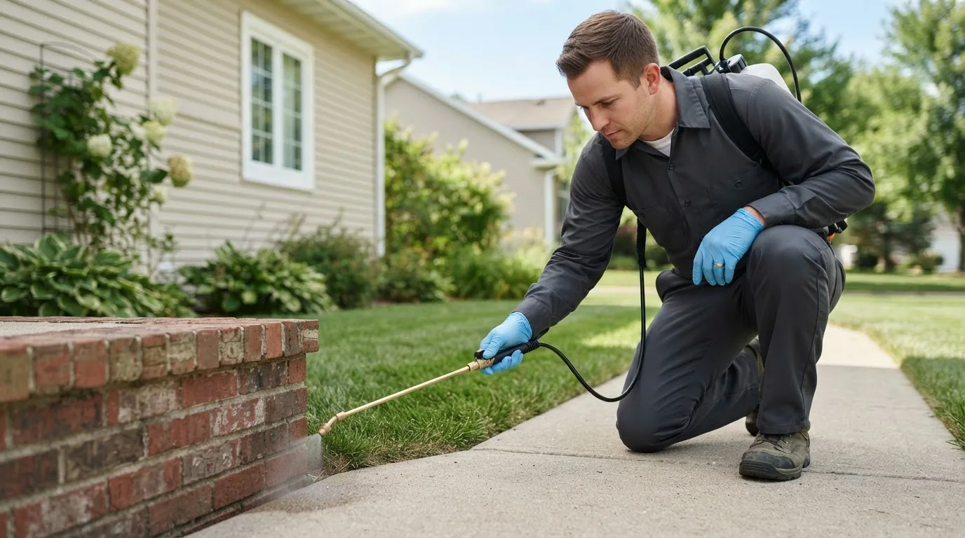 Pest control technician treating a home near Madelia, MN